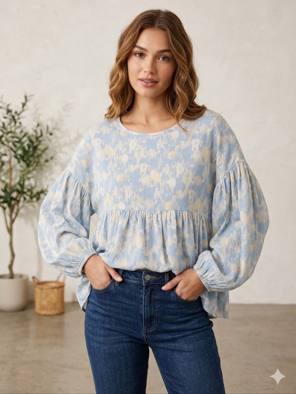 Entro Light Blue and Cream Abstract Print Peasant Tunic